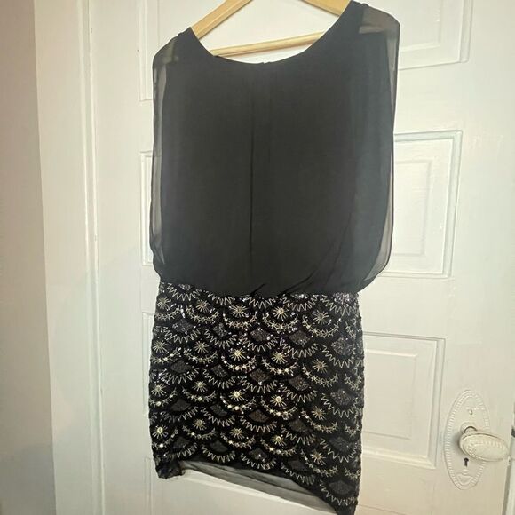 Aidan Mattox Black Stretch Lace Beaded Blouson Dress Size 4 - Picture 2 of 16